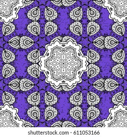 White pattern on violet background with white elements. Damask classic and white pattern. Vector abstract background with repeating elements.