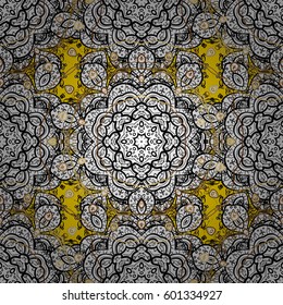 White pattern on yellow background with white elements. Vector white pattern. Flat hand drawn vintage collection. Backdrop, fabric, ornamental wallpaper.