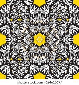 White pattern on yellow background with white elements. Damask classic white pattern. Vector abstract background with repeating elements.