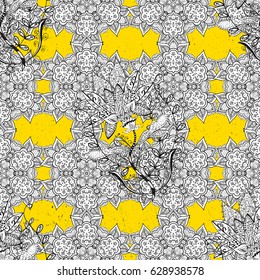 White pattern on yellow background with white elements. Damask classic white pattern. Vector abstract background with repeating elements.
