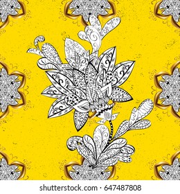 White pattern on yellow background with white elements. Vintage pattern on yellow background with white elements. Christmas, snowflake, new year.