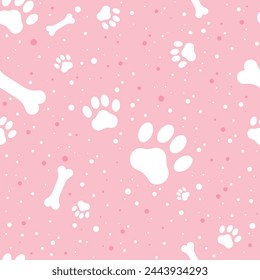 White pattern of paws and bones on a pink background with dots