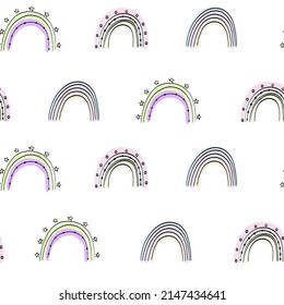 White pattern with purple rainbows pink the sky in the pastel stars. Children's textiles. Digital scrapbooking paper for kids.