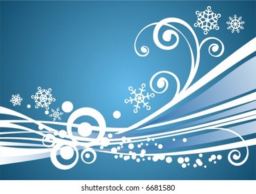 White pattern with snowflakes and curls on a dark blue background.