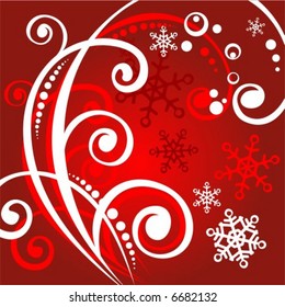 White pattern with snowflakes and curls on a red background.