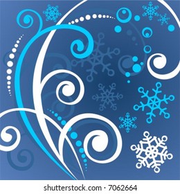 White pattern with snowflakes and curls on a dark blue background.