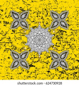 White pattern. Vector white floral ornament brocade textile pattern, doodles. Floral pattern. Yellow background with elements.