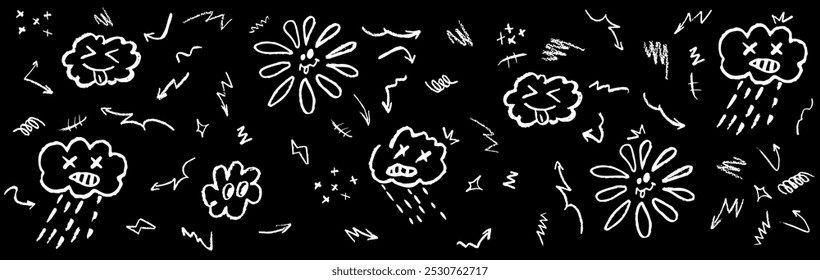 White pattern with wax crayon drawing rainy cloud, stick out tongue cloud and funny flower and sun. Children chalk drawing squiggle, arrows, stars. Abstract background with doodle grunge elements