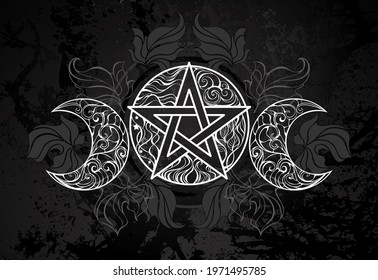 White, patterned, contour pentagram with crescents on black textured background with dark fallen leaves. Wiccan symbol.