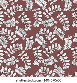 White patterned illustration
leaves on a dark red background