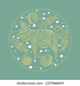 White Patterned Pig and Veg on the Blue-Green Background made in Zentangle Style Encircled by Frame. Chinese New Year Zodiac Sign. Vector Illustration for Poster, Holidays Card, Print Design.