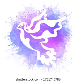 White patterned silhouette of a flying dove on neon watercolor splashes. The bird of the world. Religious symbol. Vector element for tattoo, greeting cards, banners and your creativity.