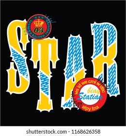 White patterned yellow and blue texts with around red logo on black background. Vector illıustration.