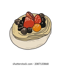 White Pavlova meringue cake with strawberries, blueberries and butter cream on a white background. Vector hand-drawn illustration for postcards, printing, books, advertising.