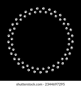 White paw circle frame with dog animal footprints, vector illustration