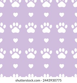 White paw pattern with hearts on a purple background