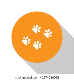White Paw print icon isolated on white background. Dog or cat paw print. Animal track. Orange circle button. Vector Illustration