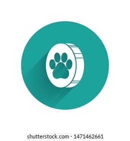 White Paw print icon isolated with long shadow. Dog or cat paw print. Animal track. Green circle button. Vector Illustration