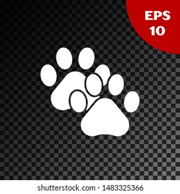White Paw print icon isolated on transparent dark background. Dog or cat paw print. Animal track.  Vector Illustration