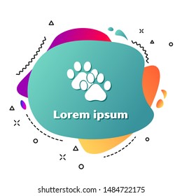 White Paw print icon isolated on white background. Dog or cat paw print. Animal track. Abstract banner with liquid shapes. Vector Illustration