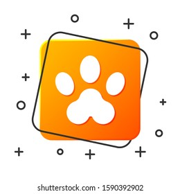 White Paw print icon isolated on white background. Dog or cat paw print. Animal track. Orange square button. Vector Illustration