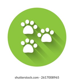 White Paw print icon isolated with long shadow background. Dog or cat paw print. Animal track. Green circle button. Vector