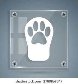 White Paw print icon isolated on grey background. Dog or cat paw print. Animal track. Square glass panels. Vector