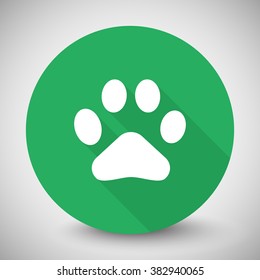 White Paw Print icon with long shadow on green circle