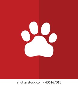 White paw print icon vector illustration. Red background
