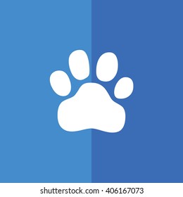 White paw print icon vector illustration. Blue background