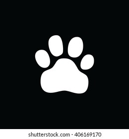 White paw print icon vector illustration. Black background