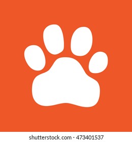White paw print vector illustration. Orange background
