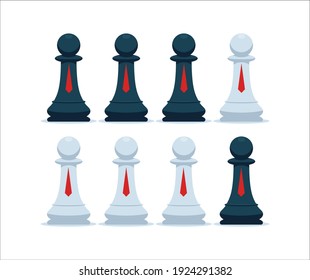 The white pawn among the black pawns. Isolated Vector Illustration