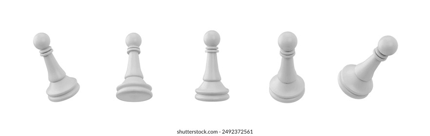 Juego de Ilustraciones vectoriales de estilo plástico 3d de pieza de ajedrez de peón blanco. Vista realista del icono del peón del ajedrez desde diferentes ángulos aislados. Figura del volumen del juego de mesa intelectual de estrategia