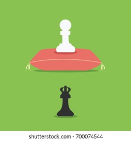 white pawn chess piece slave or employee cartoon. flat design game for business black man boss or manager vector on a royal pillow or cushion & black piece king or queen clean simple. sport isolated