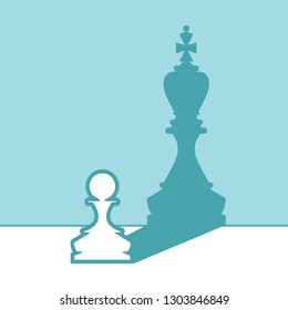 White pawn with king shadow. Set of two vector icons. Flat design. Turquoise background.
