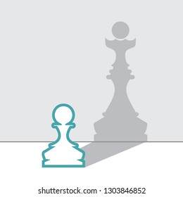 White pawn with queen shadow. Set of two vector icons. Flat design. Monochrome