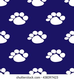 White paws trail on blue background. Abstract geometric seamless pattern. Fashion graphic style. design. Template for prints, textile, wrapping and decoration, wallpaper. Vector illustration.