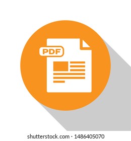 White PDF file document. Download pdf button icon isolated on white background. PDF file symbol. Orange circle button. Vector Illustration