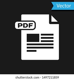 White PDF file document. Download pdf button icon isolated on black background. PDF file symbol.  Vector Illustration