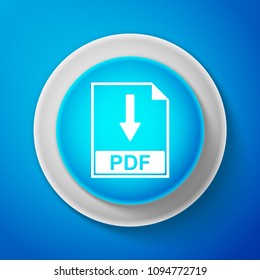 White PDF file document icon isolated on blue background. Download PDF button sign. Circle blue button with white line. Vector Illustration