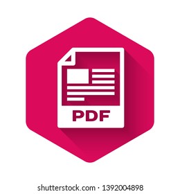 White PDF file document icon. Download pdf button icon isolated with long shadow. PDF file symbol. Pink hexagon button. Vector Illustration