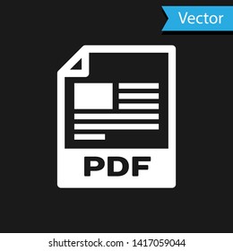 White PDF file document icon. Download pdf button icon isolated on black background. PDF file symbol. Vector Illustration