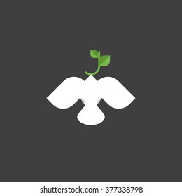 White peace dove with green branch. Flat design style vector illustration
