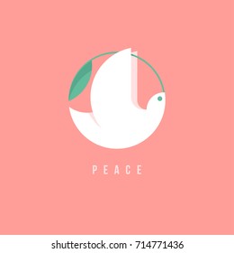 White peace dove with green branch on a pink