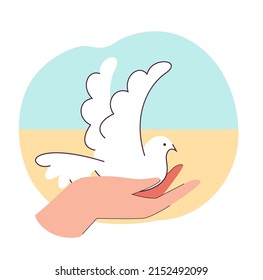 White peace dove in human hand flat vector illustration. Flying pigeon in background of Ukraine flag. Freedom, support, help concept for banner, website design or landing web page