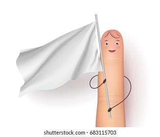 White peace flag and finger man. Friendship and love symbol, message against war. Realistic vector illustration on white background