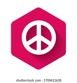White Peace icon isolated with long shadow. Hippie symbol of peace. Pink hexagon button. Vector Illustration