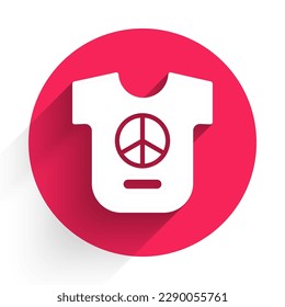 White Peace icon isolated with long shadow. Hippie symbol of peace. Red circle button. Vector