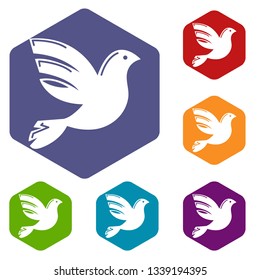 White peace pigeon icons vector colorful hexahedron set collection isolated on white